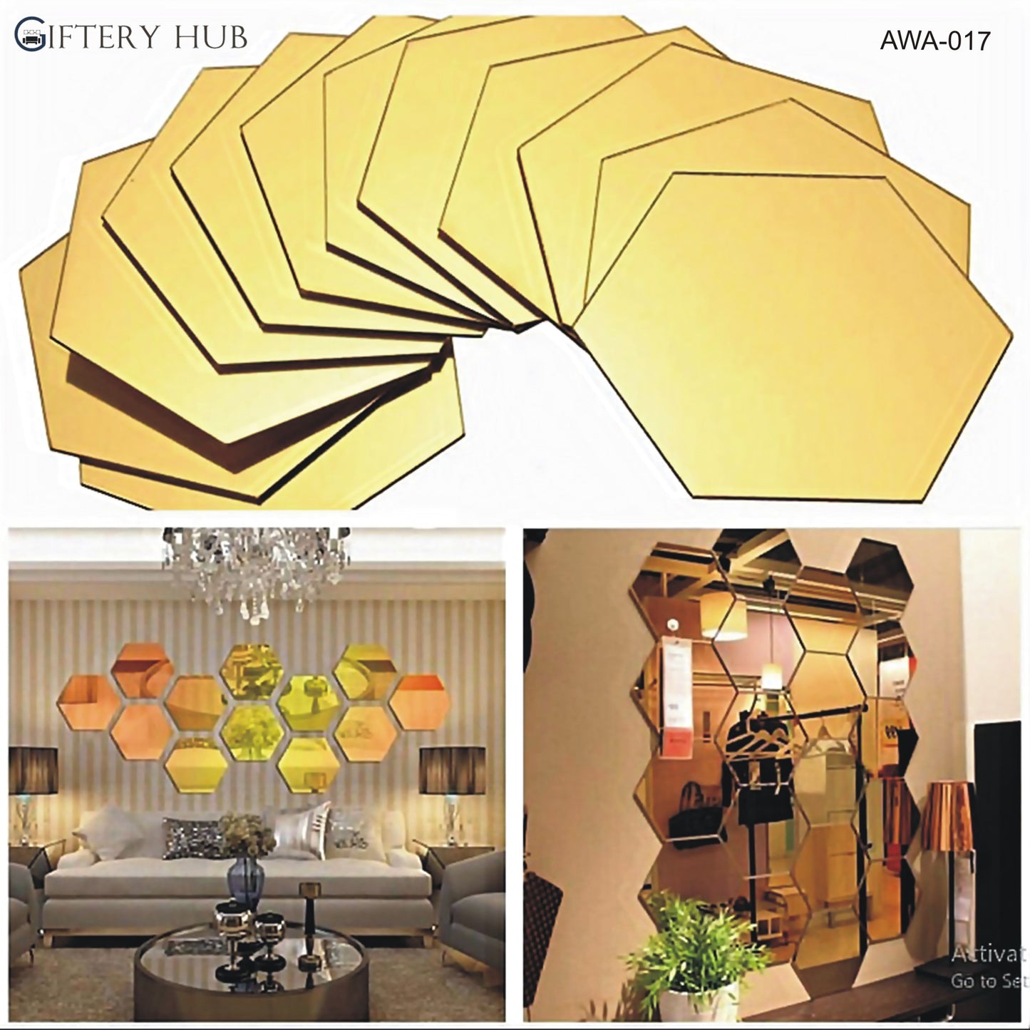 Acrylic Hexagon Gold mirror wall decor for home and office decor - AWA-017