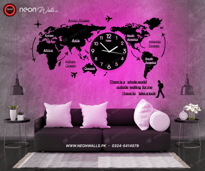 WORLD MAP WALL CLOCK WITH NEON LIGHT - NLA-083