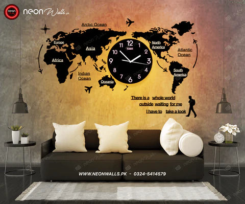 WORLD MAP WALL CLOCK WITH NEON LIGHT - NLA-083