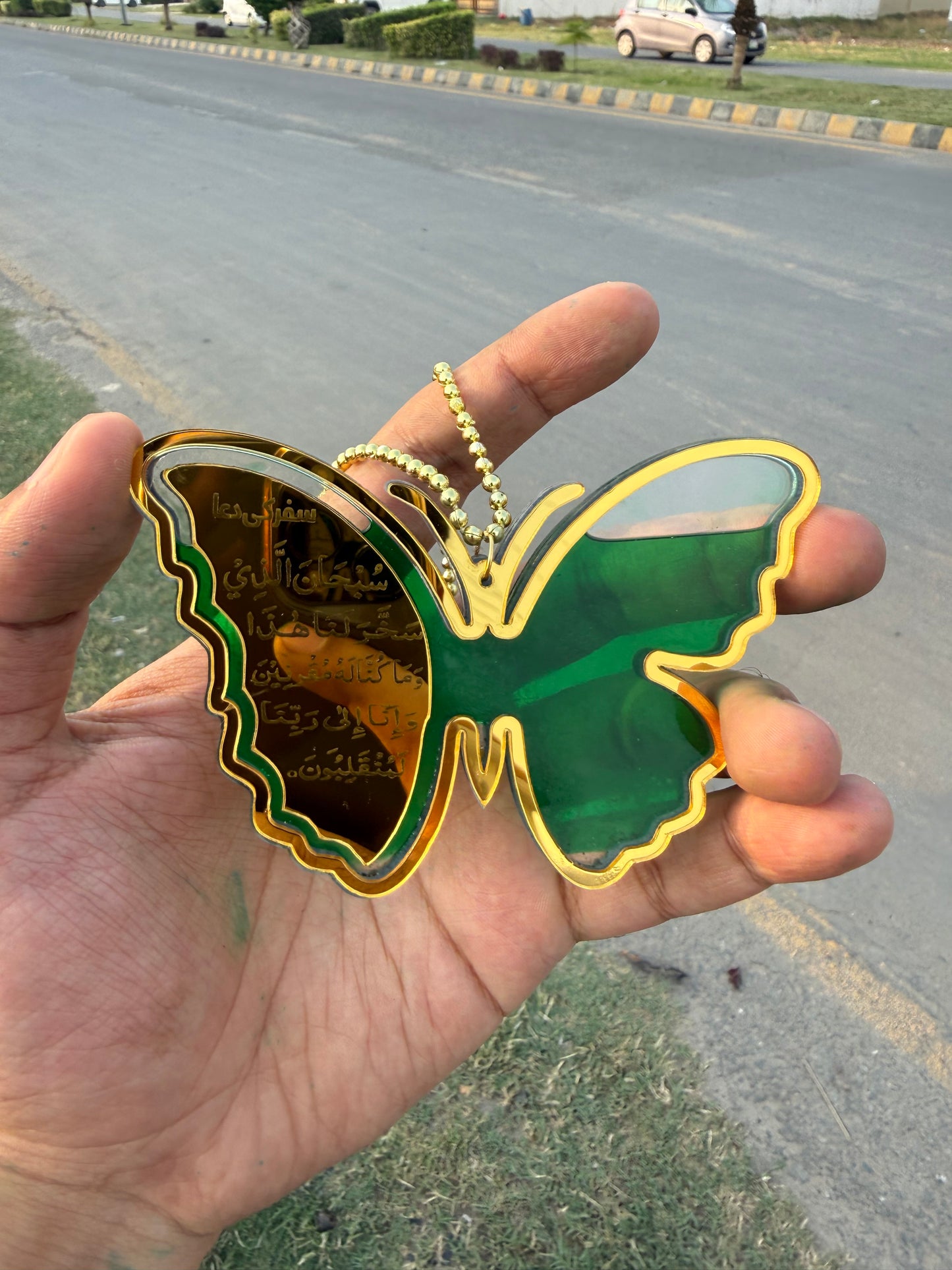 Butterfly Shape Car Hanging Diffuser - Black & Gold Islamic Pendant with Ayat-ul-Kursi & Safar ki Dua
