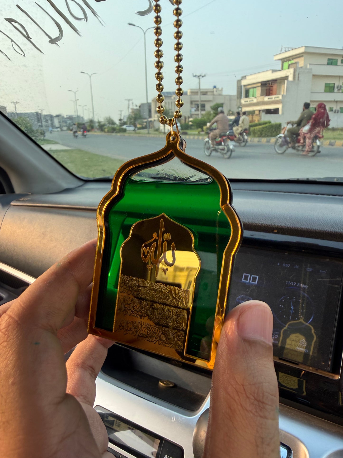 Masjid Car Hanging Diffuser - Black & Gold Islamic Pendant with Ayat-ul-Kursi & Safar ki Dua