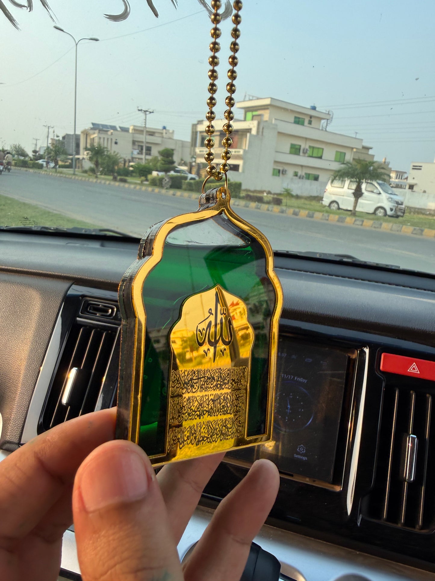Masjid Car Hanging Diffuser - Black & Gold Islamic Pendant with Ayat-ul-Kursi & Safar ki Dua
