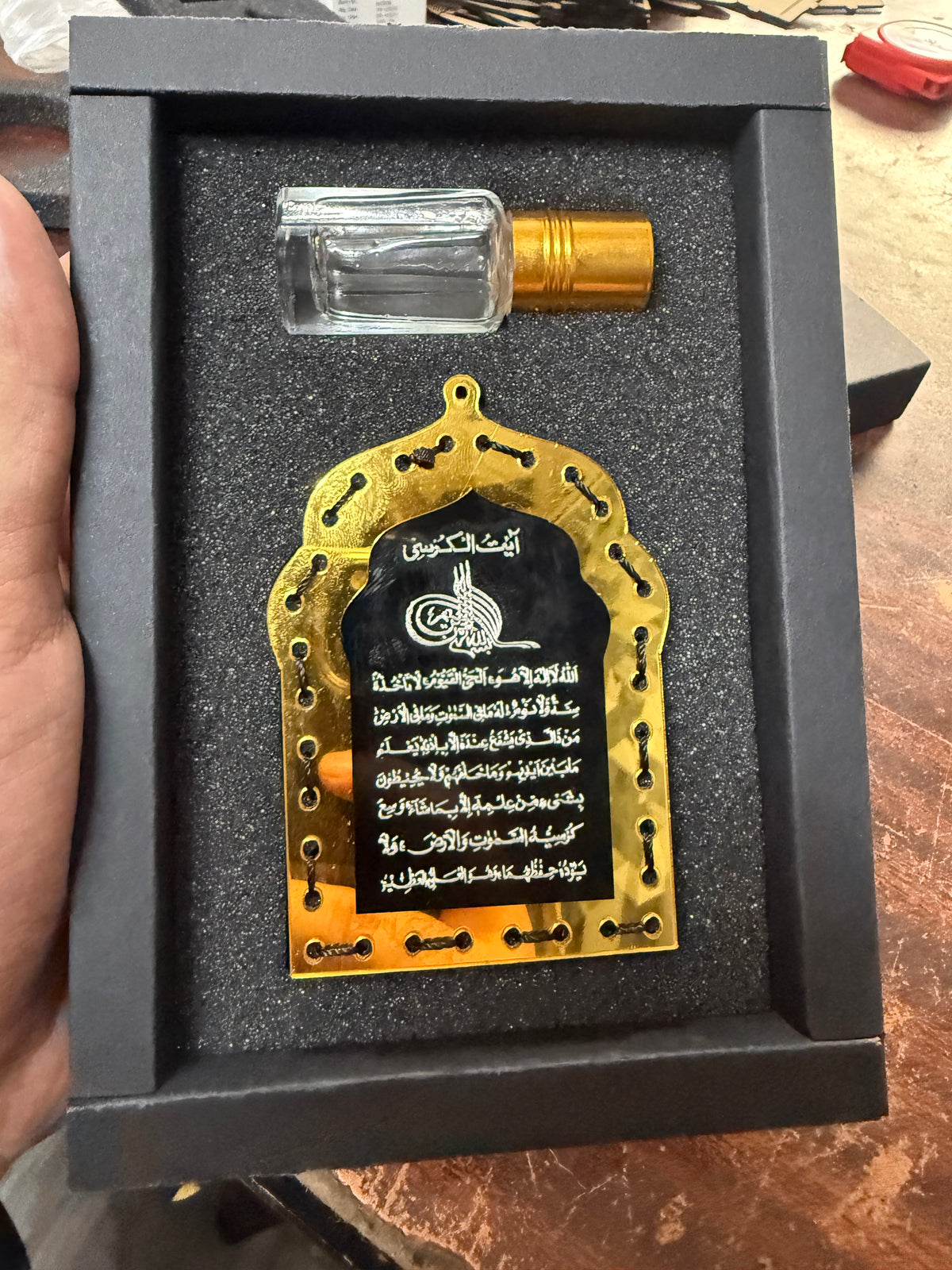 Handmade Golden & Black Masjid Car Hanging Diffuser with Refill Oil