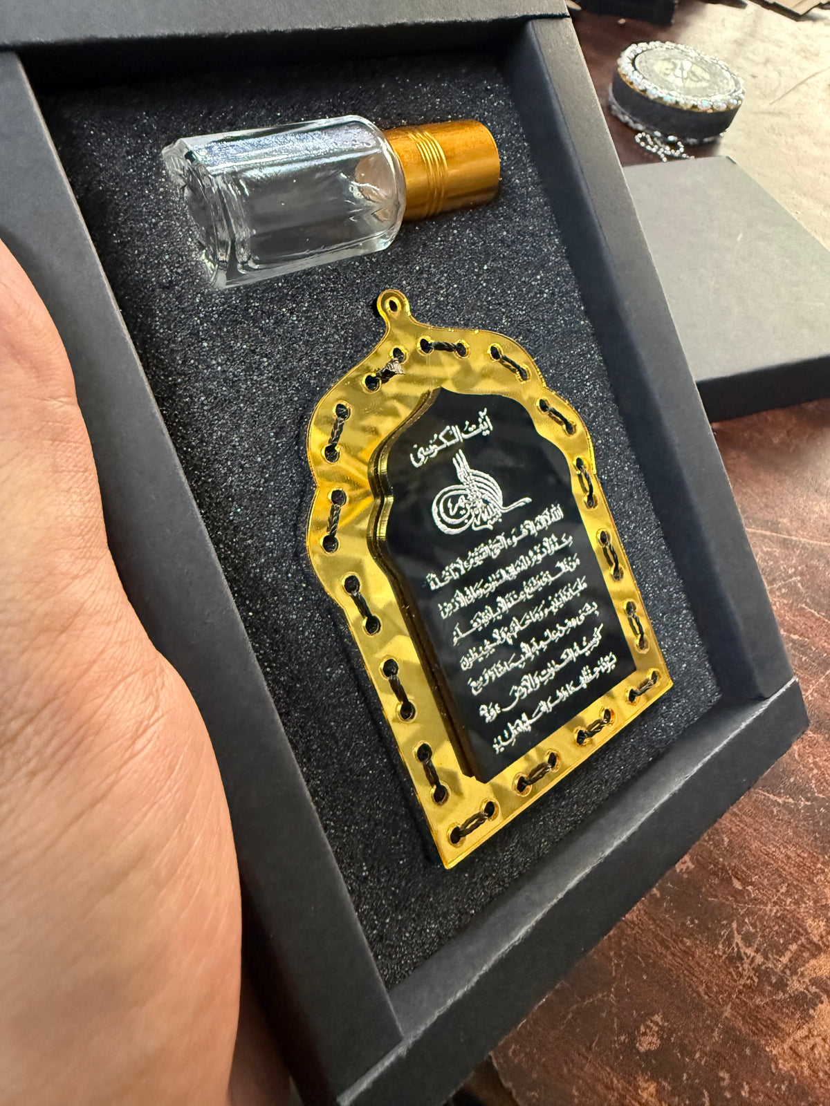 Handmade Golden & Black Masjid Car Hanging Diffuser with Refill Oil