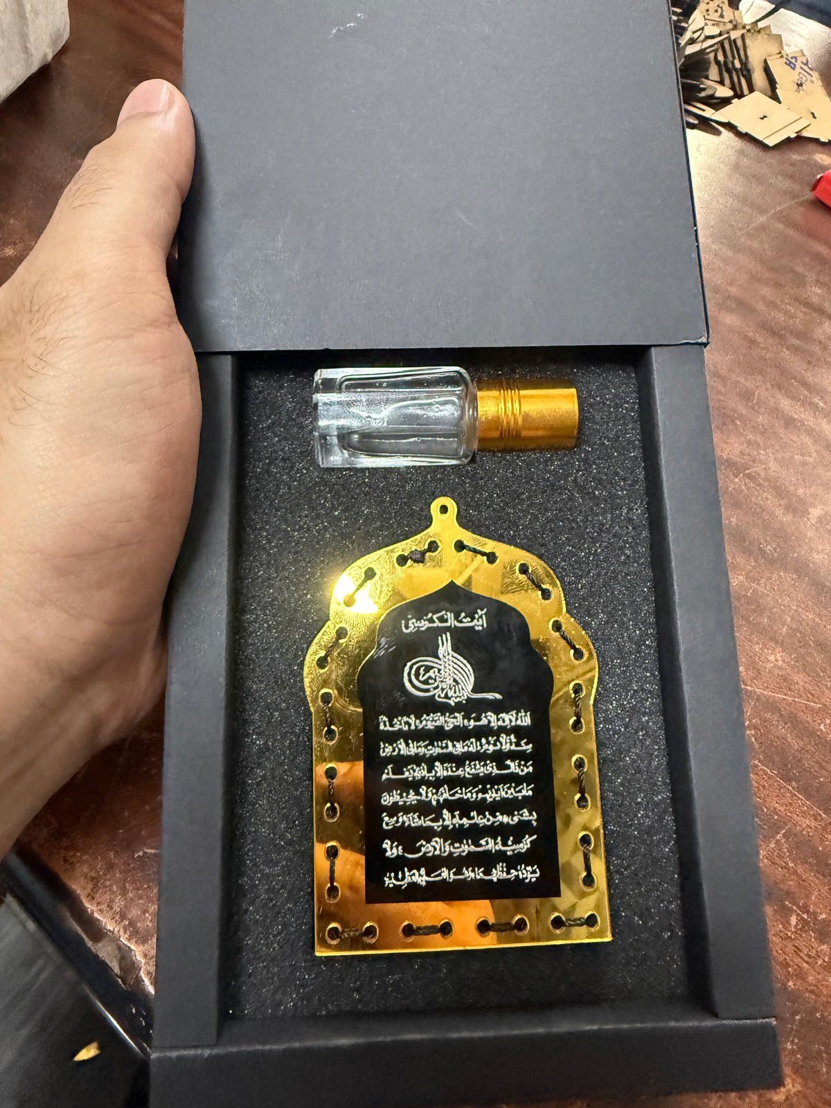 Handmade Golden & Black Masjid Car Hanging Diffuser with Refill Oil