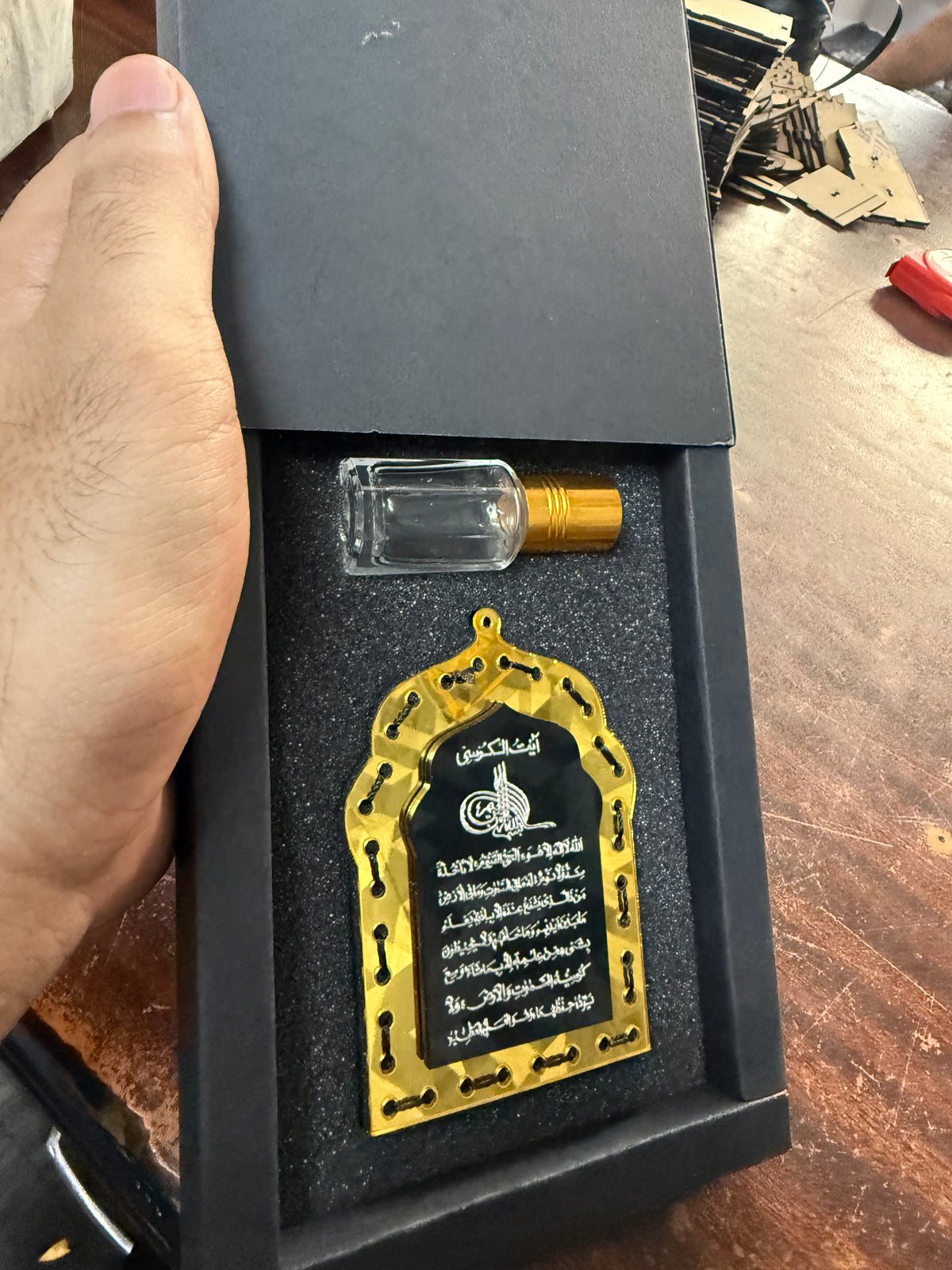 Handmade Golden & Black Masjid Car Hanging Diffuser with Refill Oil