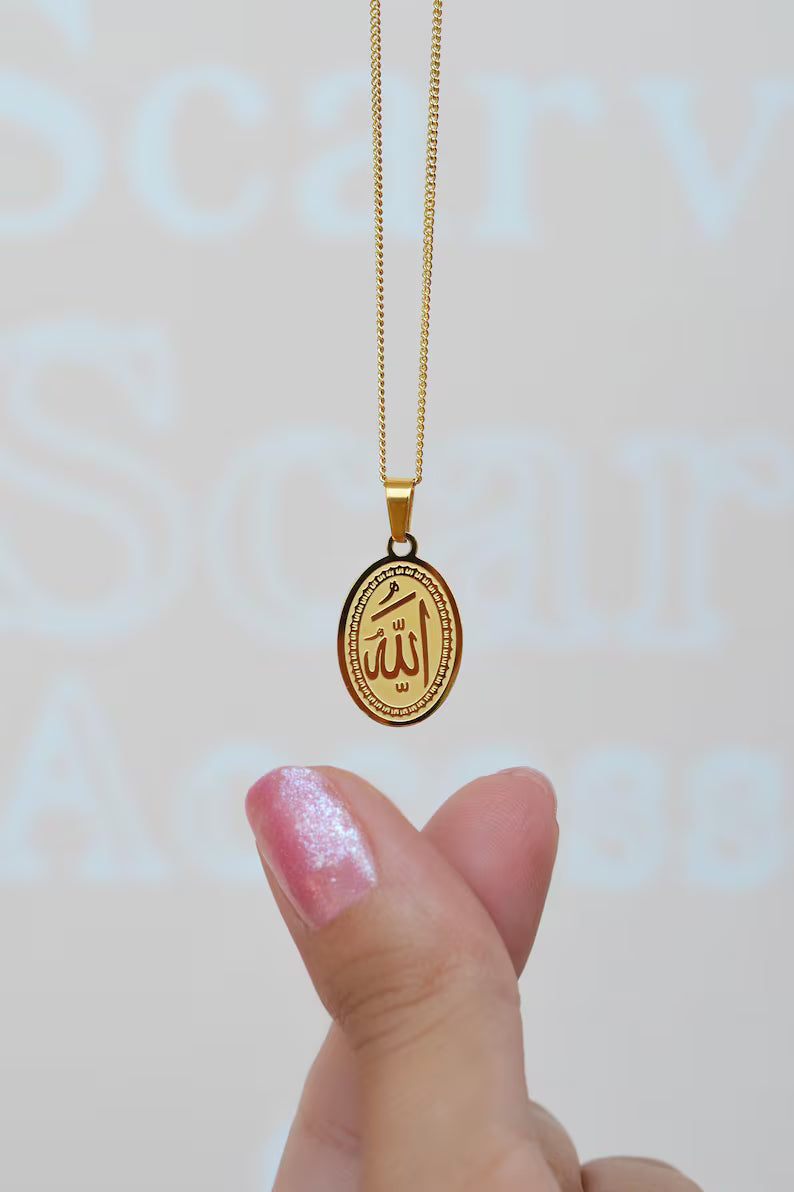 Gold Allah Calligraphy Pendant Necklace! Stainless Steel Islamic Jewelry