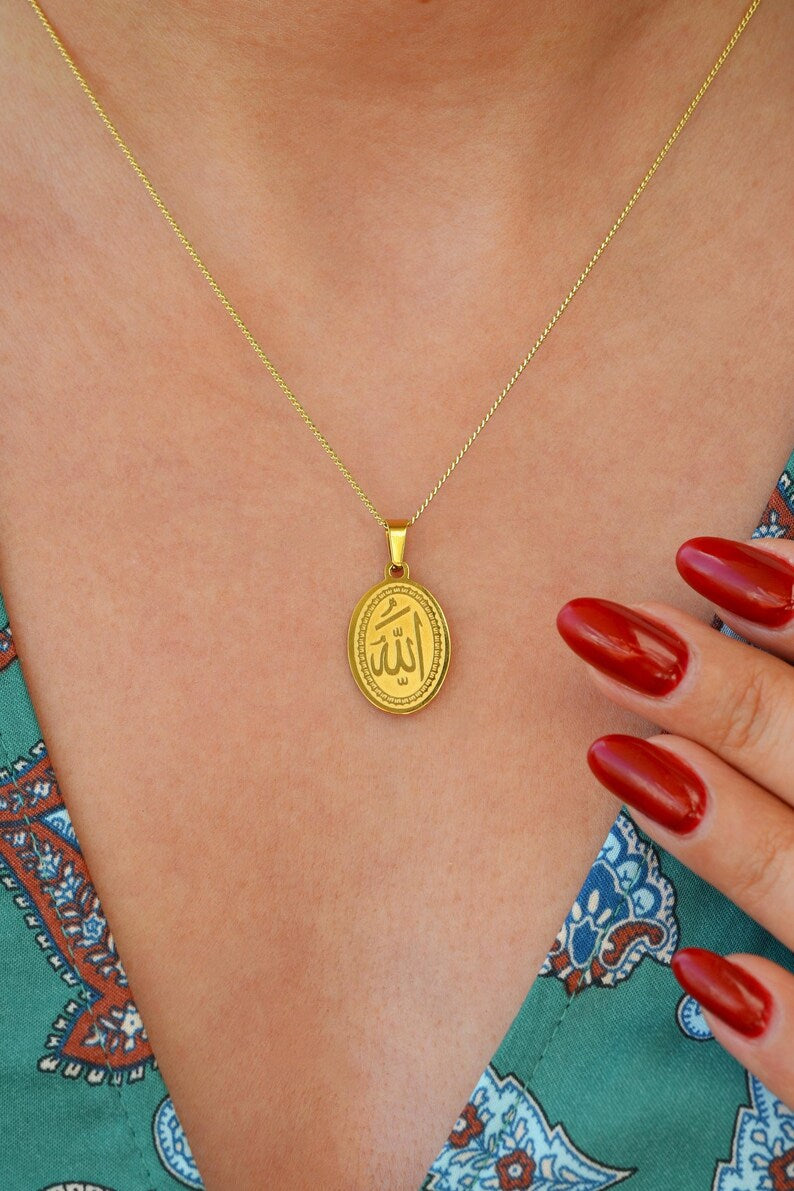 Gold Allah Calligraphy Pendant Necklace! Stainless Steel Islamic Jewelry