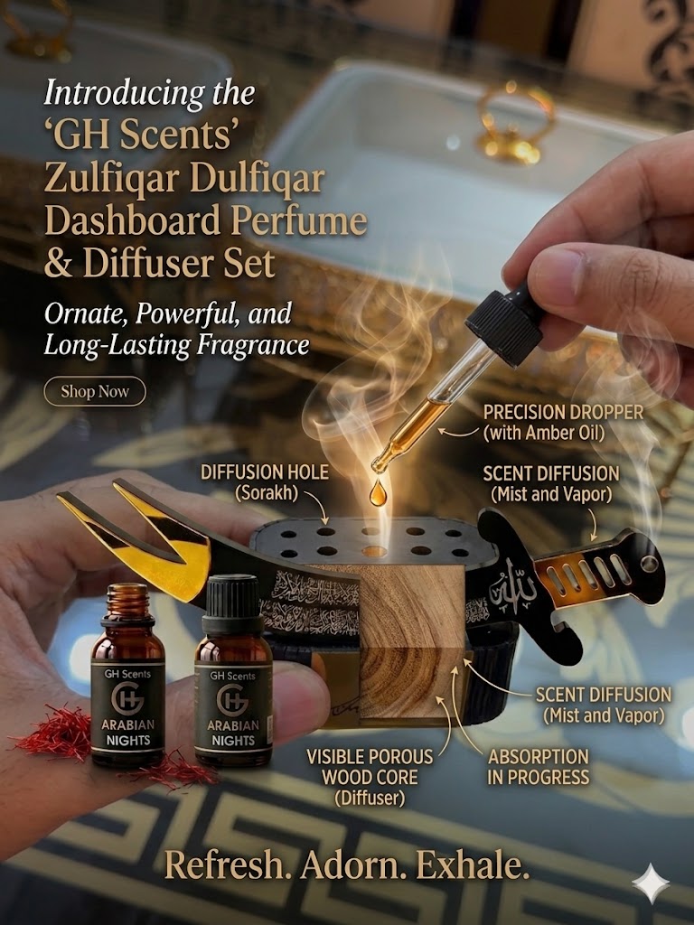 Luxury Zulfiqarstand for  Car & Office Refillable Wood diffuser with 10ml Dropper