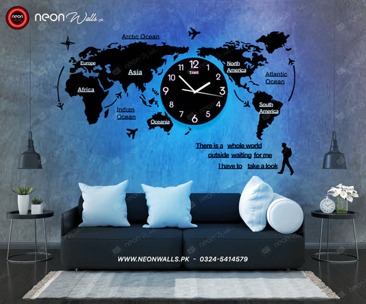 WORLD MAP WALL CLOCK WITH NEON LIGHT - NLA-083